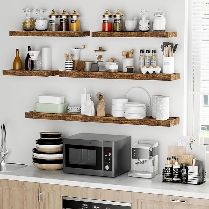 Fun Memories 36 Inch Floating Shelves - Deep Rustic Wooden Wall Shelves - Extra Deeper & Thicker Wall Mounted Storage Shelf for Bedroom, Kitchen, Farmhouse - 2 Pack, Rustic Brown