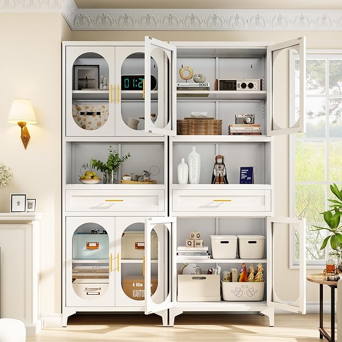 75” Tall Kitchen Pantry Storage Cabinet, Metal Storage Cabinet with 1 Drawer and Adjustable Shelves, Kitchen Pantry Cupboard, Freestanding Cupboard for Bathroom, Living Room (White-Glass Door)