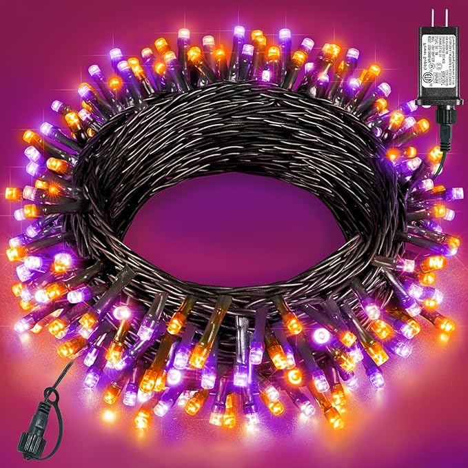 Halloween Lights Outdoor 40FT 120 LED, Green Wire String Lights for Outside Waterproof, 8 Modes Connectable Twinkle Tree Light for Indoor Bedroom Yard Party Holiday Decorations, Purple Orange