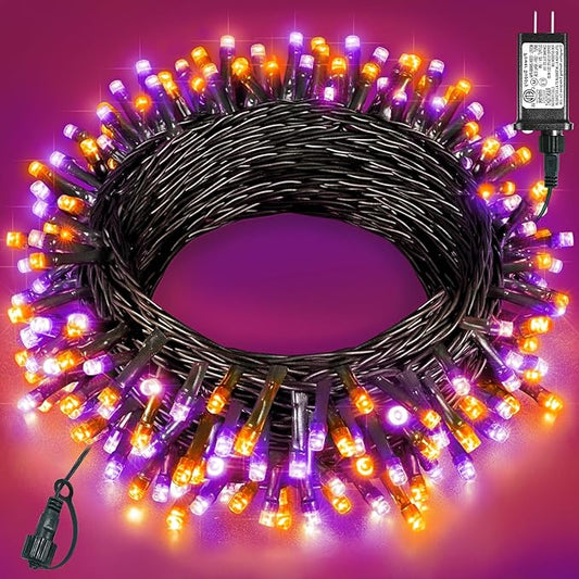 Halloween Lights Outdoor 40FT 120 LED, Green Wire String Lights for Outside Waterproof, 8 Modes Connectable Twinkle Tree Light for Indoor Bedroom Yard Party Holiday Decorations, Purple Orange