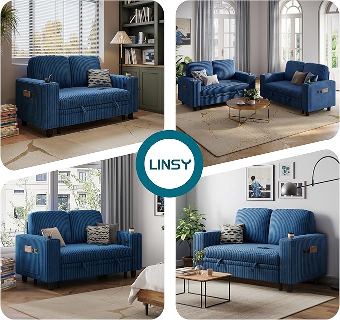 LINSY HOME Loveseat Sofa with Storage - Comfy Plush Corduroy 2 Seater Sofa with USB Charging & Cup Holders, Deep Seat Love Seat for Small Spaces Living Room Bedroom Apartment, Blue