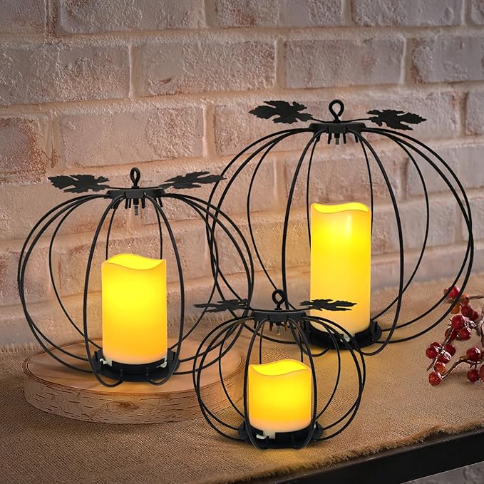 Halloween Light Up Pumpkin Lantern, 3 Pcs Metal Black Pumpkin Candle Holders with Timer Flickering Yellow LED Candle Lights for Thanksgiving Halloween Harvest Fall Home Decor