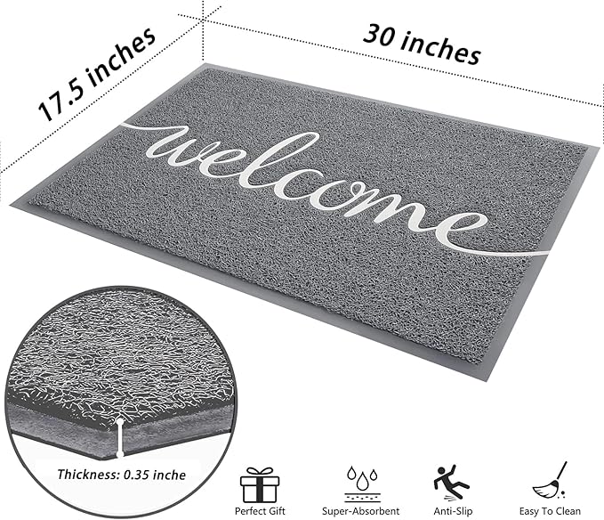 FireProof Outdoor Indoor Welcome Mat, Long-lasting Non-Slip and Easy to Clean Rectangular Entrance Mat, Grey (30 x 17.5) For High Traffic Areas