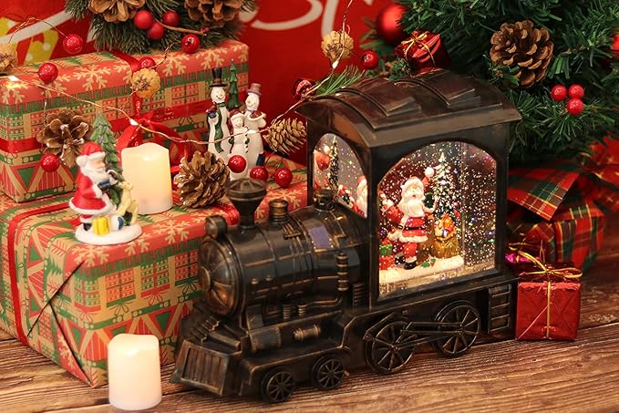 GenSwin Lighted Christmas Snow Globe Lantern, Battery Operated Santa Claus Musical Train LED Water Glittering with 6H Timer, Christmas Home Decoration Gift(Copper)