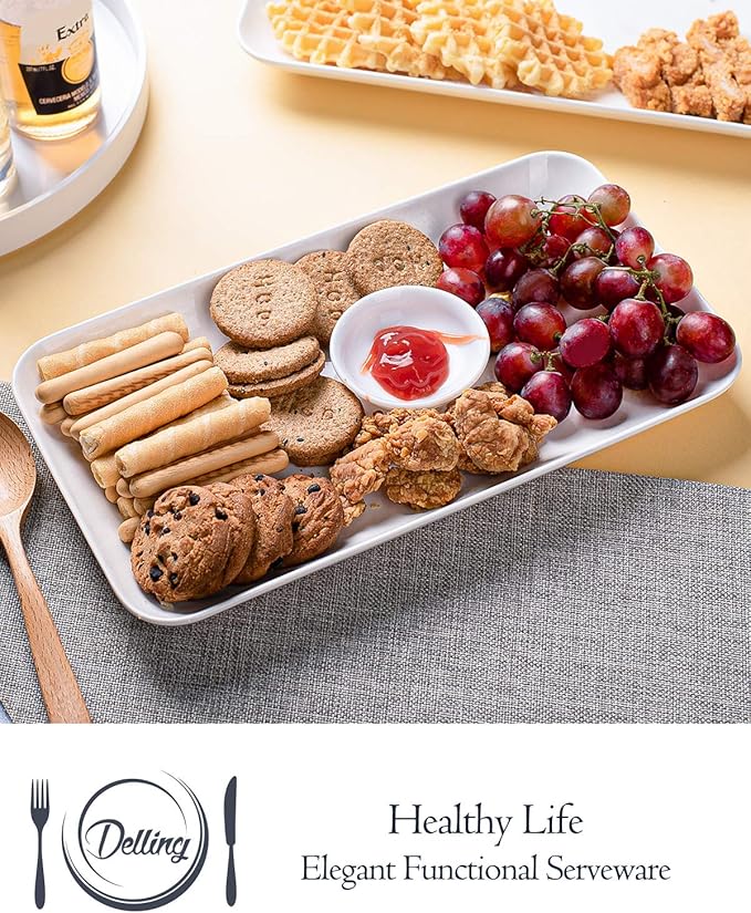 DELLING Large Serving Platter Set 12in White Rectangular Serving Plates/Salad Dish - Big Serving Trays for Parties Meat, Sushi, Dinner Plate Oven Safe Dinnerware Set of 3