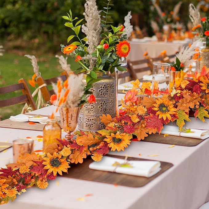 GENMOUS 6ft Fall Maple Leaves Garland, Artificial Sunflower Autumn Wreath with Small Pumpkins Home Decor for Thanksgiving, Halloween, Wedding, Fireplace Porch Indoor Outdoor Fall Decoration