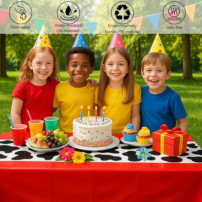 3 Pack 108 x 54 Inch Cow Print Tablecloth Cow Plastic Table Cover Birthday Party Table Cloth Disposable Plastic Farm Animal Party Cover for Disco Cowgirl Decorations Supplies Red