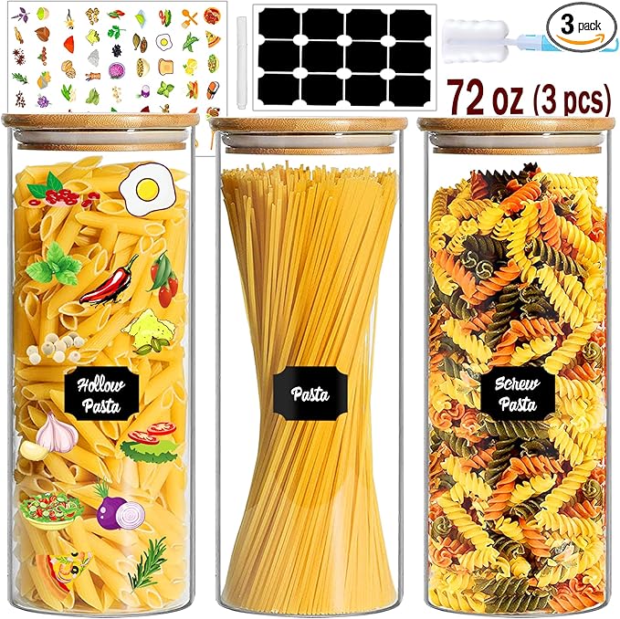 Glass Jars with Bamboo Lids, 72oz 3Pcs Kitchen Glass Containers with Bamboo Lids, Airtight Glass Pantry Storage Containers with Lids for Spaghetti, Pasta, Rice, Nuts, Flour, Bean, Dry Foods
