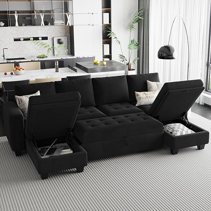 Belffin Modular Sectional Sleeper Sofa with Pull Out Bed Velvet Convertible U Shaped Sectional Sofa Couch with Storage Chaises for Living Room Black