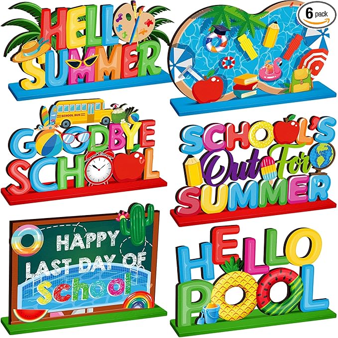 6 Pcs Hello Summer Table Decoration Happy Last Day of School Table Sign School's out of Summer Vacation Pool Wooden Tabletop Centerpieces for Holiday Party Supplies Home Decor