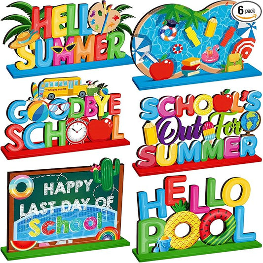 6 Pcs Hello Summer Table Decoration Happy Last Day of School Table Sign School's out of Summer Vacation Pool Wooden Tabletop Centerpieces for Holiday Party Supplies Home Decor