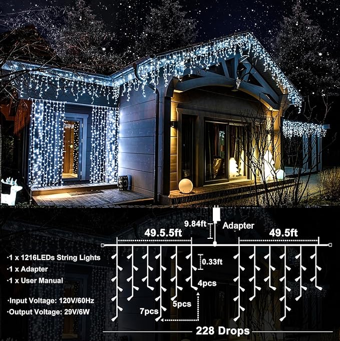 99ft 1216 LED Icicle Christmas Lights Outdoor - 8 Modes Icicle Lights with 228 Drops, Waterproof Plug in Fairy Curtain Light with Timer Memory for Party Holiday Wedding Decorations, Cool White