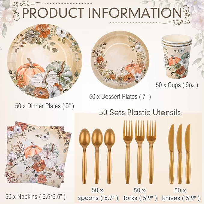 350 Pcs Thanksgiving Fall Party Supplies Dinnerware Set Disposable Plates Napkins Paper Cups Plastic Cutlery for Autumn Thanksgiving Harvest Party Decor Serves 50 (Pumpkin Floral)