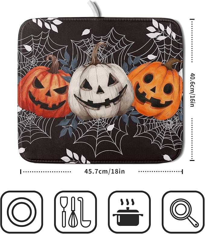 Halloween Dish Drying Mat for Kitchen Counter Spooky Pumpkins Spiderweb Super Absorbent Reversible Microfiber Kitchen Countertop Protector Dishes Pad Small 16x18 inch