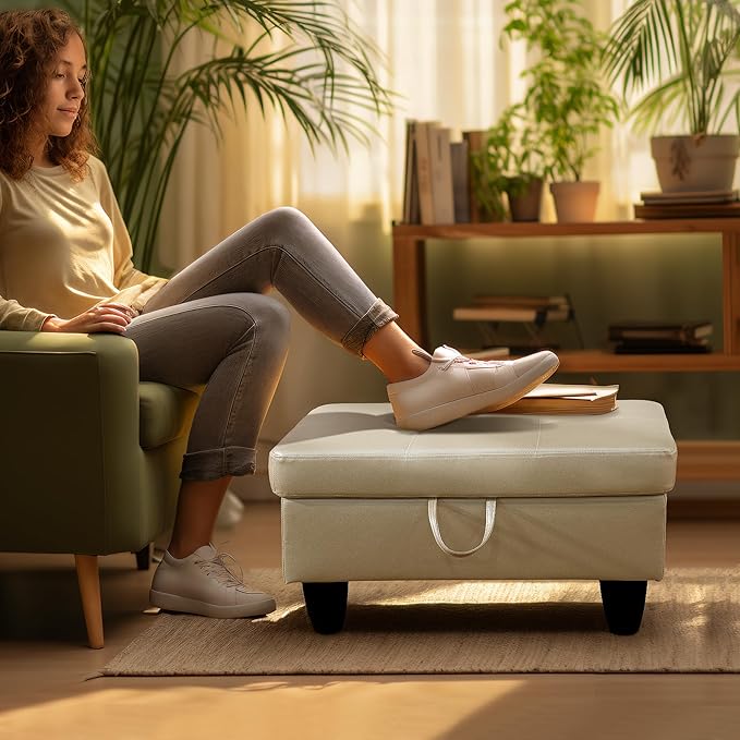 Ottoman Rectangular Storage Ottoman Bench, Faux Leather Footrest, Coffee Table, Stool Footstool with Hinged Lid for Living Room, Bedroom, Entryway, White, 28.5"x19"x17.5"