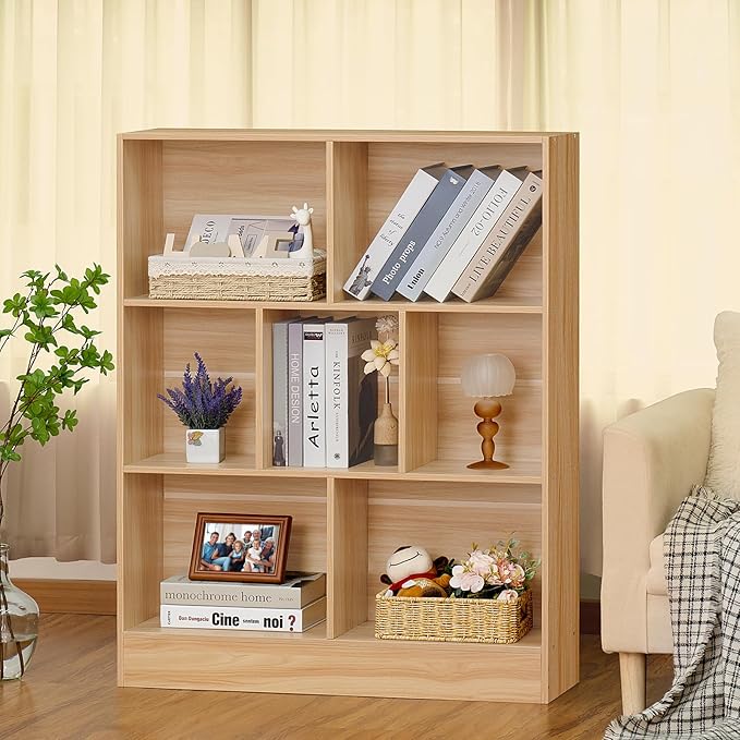 LEYAOYAO 7 Cube Bookshelf with Wood Base,Natural 3 Tier Mid-Century Modern Bookcase,Standing Wide Bookshelves Storage Organizer Shelf,Rustic Display Cabinet Book Shelves for Bedroom,Living Room