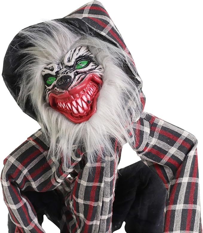 Haunted Hill Farm Squatting Werewolf Animatronic with Movement,Sounds,and Light-Up Eyes for Scary Halloween Decoration,24 x 18 x 30