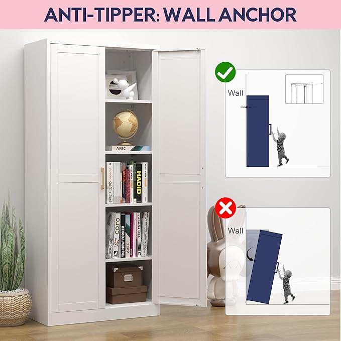 71" Storage Cabinet, Metal Pantry Cabinet, Kitchen Pantry Storage Cabinets with Doors and 4 Shelves, Cabinets for Laundry Room, Living Room, Dinning Room, Assembly Required, White