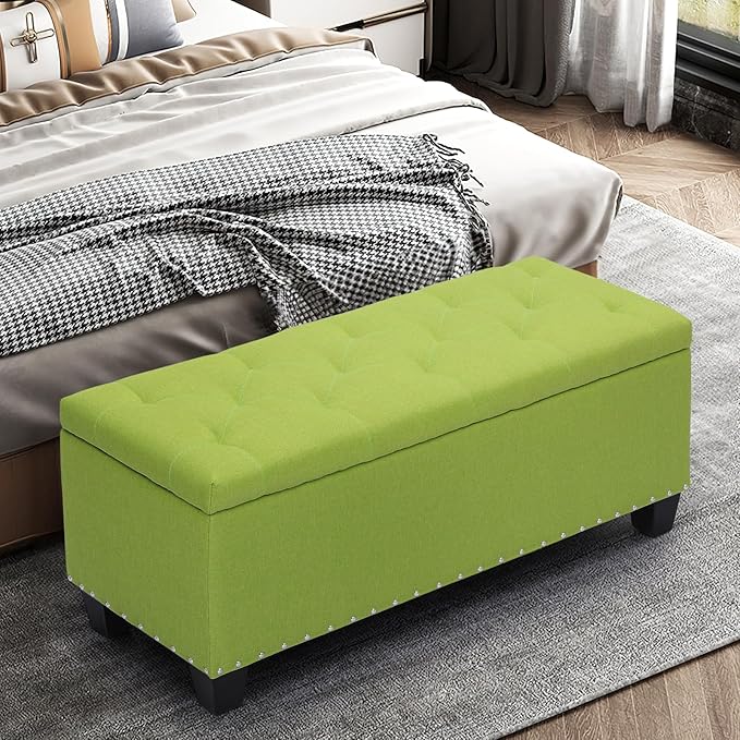 MoNiBloom 42 Inch Long Bench with Storage, Modern 40L Inner Space Green Linen Foot Stool for Bedroom, Upholstered Padded Rectangular Fabric Tufted Bench Footrest with Wood Legs with 660 Lbs Capacity
