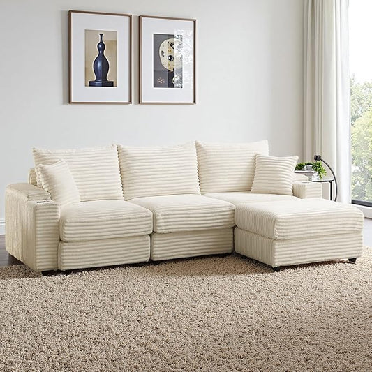 Modular Sectional Sofa Couch, Plush Corduroy Fabric Sectional Couches for Living Room with USB Charging Ports, Phone Holders, and Multi-Functional Storage Armrests (White, 3set+1ottoman)