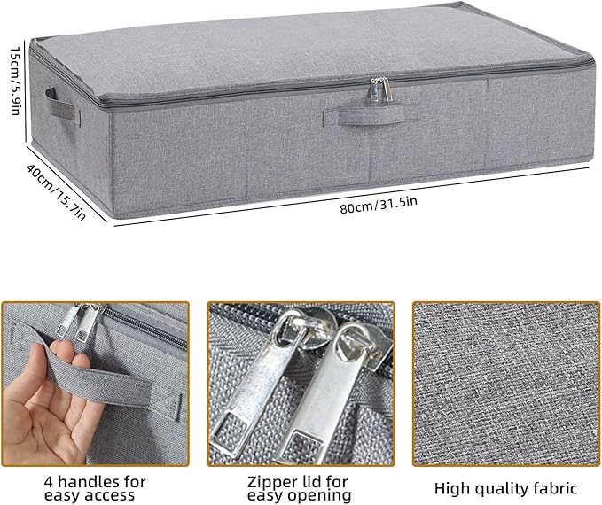 Under the Bed Storage Bins, 31.5 x 15.7 x 5.9 Inch Closet Organizers with Reinforced Handles for Blanket, Sheets, Pillows, Towels, Shoes, Grey, 3 Pack