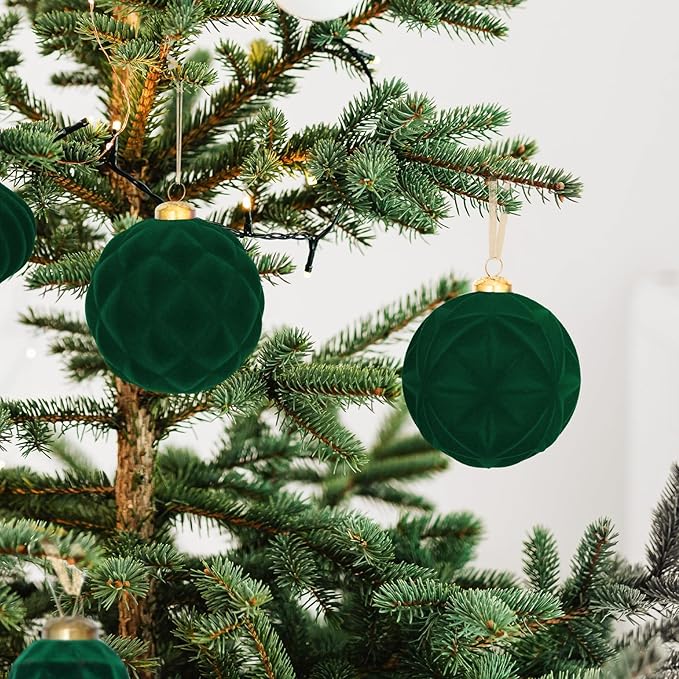 46PCS Velvet Christmas Ball Ornaments Set, Flocked Shatterproof Xmas Tree Decor, Assorted Hanging Ornaments with Loop for Holiday Home Decor, Christmas Tree, Mantel, Party Decoration (Green)