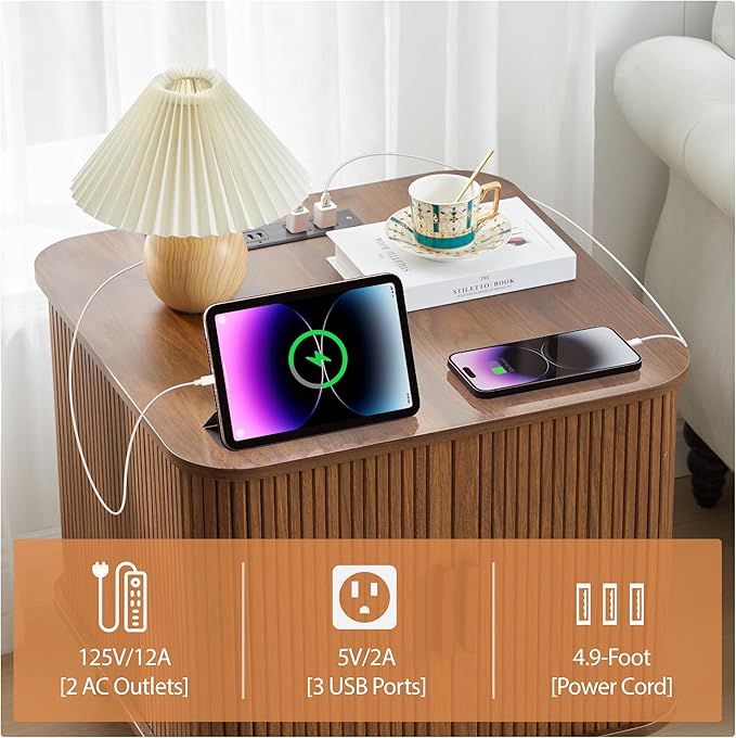 Farmhouse Square End Table with Charging Station, 24" Large Fluted Sofa Side Table with Sliding Tambour Door and Storage, Rustic Curved Wood Nightstand for Living Room, Bedroom, Walnut
