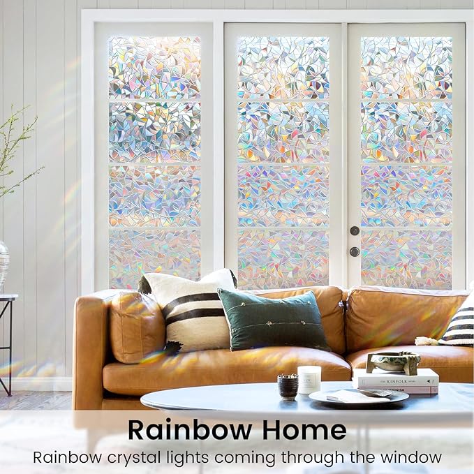 DOWELL Window Privacy Film, Rainbow Window Film, Decorative Stained Glass Clings, Static Cling Door Sticker, Non-Adhesive 3D Decals for Home UV Protection, 35.4 x 118 inches