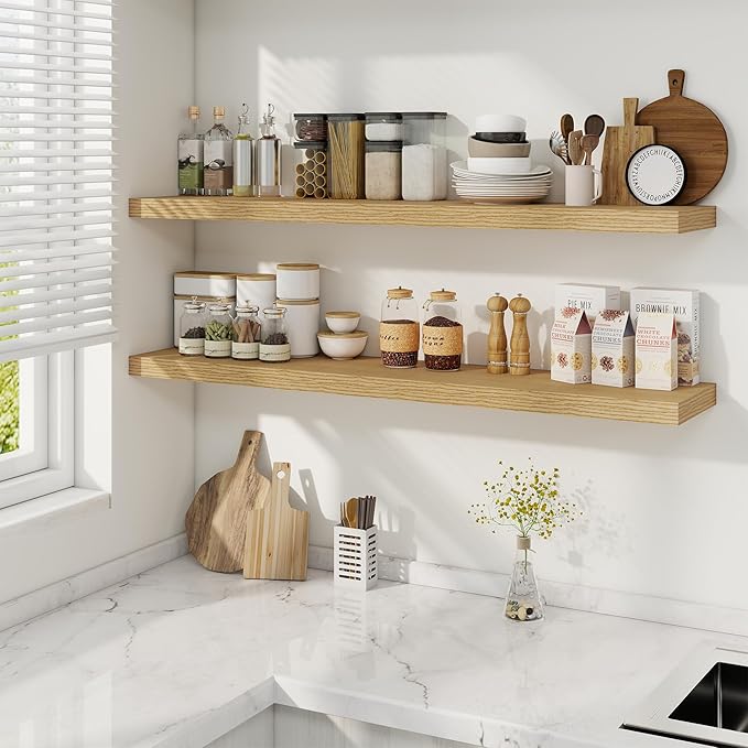 Fun Memories 48 Inch Deep Floating Shelves for Wall, 2 Pack of Long Wall Mounted Wood Shelves with Invisible Brackets for Bathroom, Bedroom, Living Room, Kitchen Decor and Storage, Oak