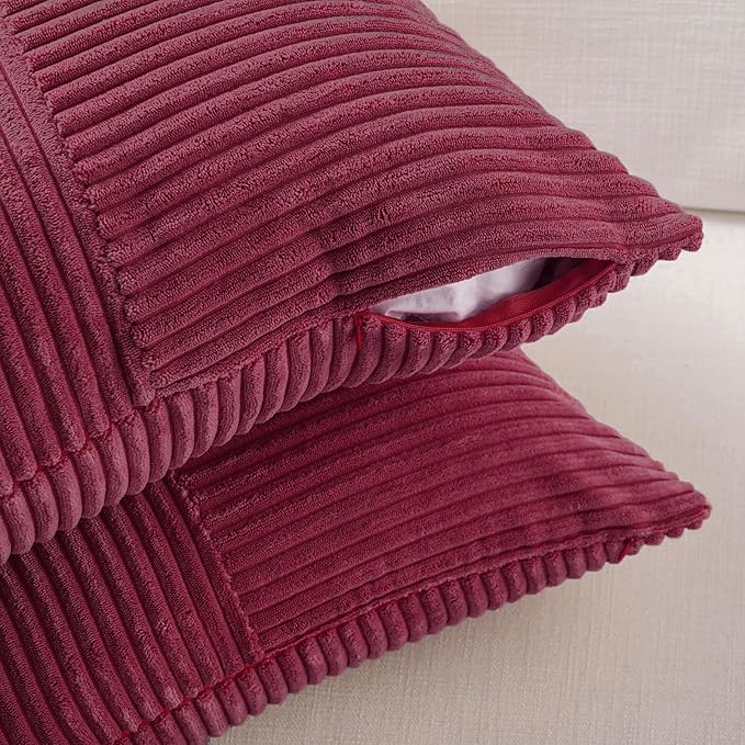 Fancy Homi 2 Packs Burgundy Lumbar Decorative Throw Pillow Covers 20x28 Inch for Living Room Couch Bed, Farmhouse Boho Home Decor, Soft Striped Corduroy Rectangle Accent Cushion Case 50x70 cm
