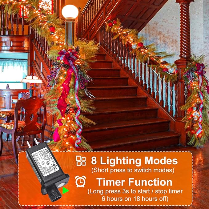 Orange Halloween Lights Outdoor, 100FT 300 LED Halloween String Lights with 8 Modes Waterproof, Plug in Green Wire Twinkle Tree Light for Indoor Patio Yard Party Holiday Decorations