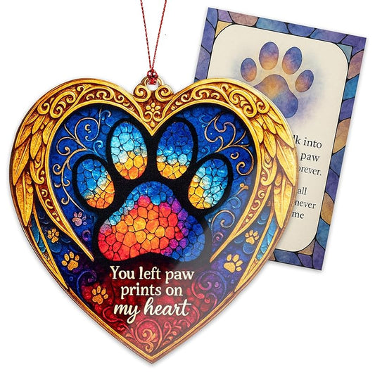 Pet Memorial Ornament – Paw Prints on My Heart | Dog Cat Loss Gift – Rainbow Bridge Keepsake – Sympathy Bereavement Christmas Tree Decoration – Car Hanging