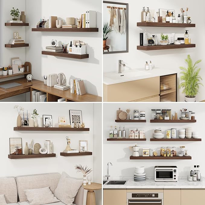 fuqing Floating Shelves for Wall, Bathroom Shelf Wall Mounted for Storage, Shelves with Invisible Bracket for Bedroom, Kitchen, Living Room, Farmhouse Small Book Shelf, 6.5 Inch Set of 3, Walnut