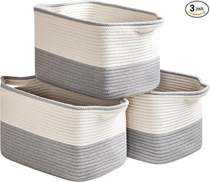Cotton Rope Storage Basket Set of 3 (15"x10.2"x9.1") - Rectangle Storage Bins - Versatile Toy Storage Organizer - Perfect for Kids, Dog Toys, Books, Shelves - White & Grey
