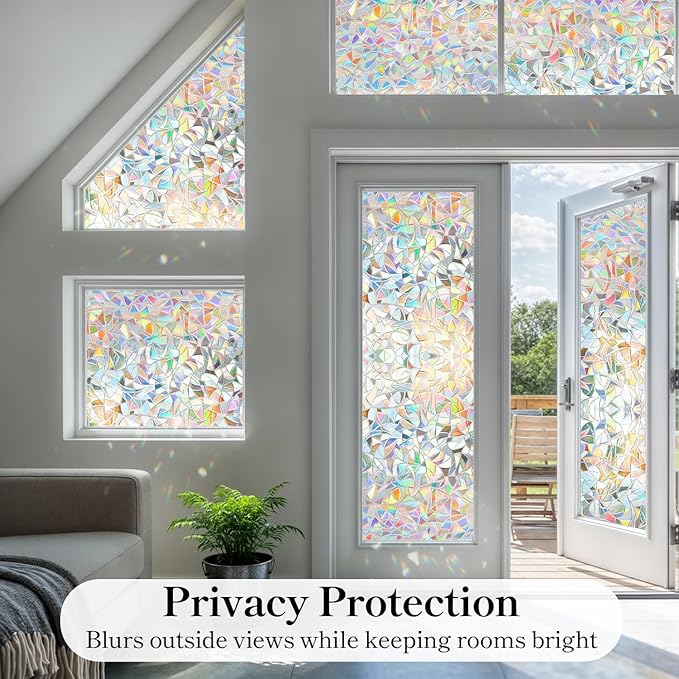 DUOFIRE Window Privacy Film, Rainbow Window Clings for Glass Windows, Stained Glass Film Decorative, 3D Decals Cover, Suncatcher Static Cling Sticker for Home, 35.4 x 78.7 inch