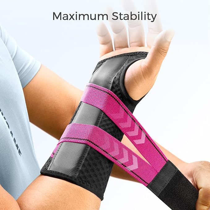 FREETOO Carpal Tunnel Wrist Brace Night Support Fit Right Hand for Work, Pain Relief Wrist Splint for Tendonitis, Arthritis, Fit Women and Men, Wrist Stabilizer Brace for Sleeping (L/XL, Black/Pink)