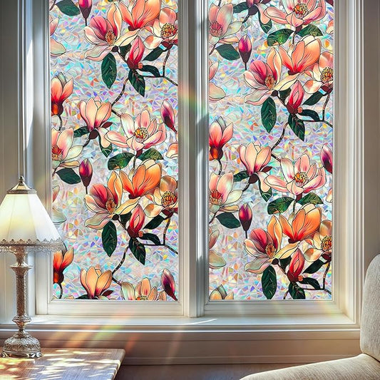 DUOFIRE Window Privacy Film Decorative Stained Glass Window Film Rainbow Magnolia Floral Static Cling Non-Adhesive Reusable Anti UV Colorful Window Decal for Home 16.92×39.37 inch