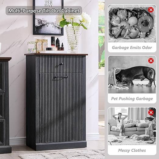 Modern Tilt-Out Trash Can Cabinet, 10 Gallon Fluted Laundry Hamper Cabinet with Drawers, Wooden Hidden Garbage Can Cabinets with Storage Basket, Free Standing for Kitchen and Living Room, Grey