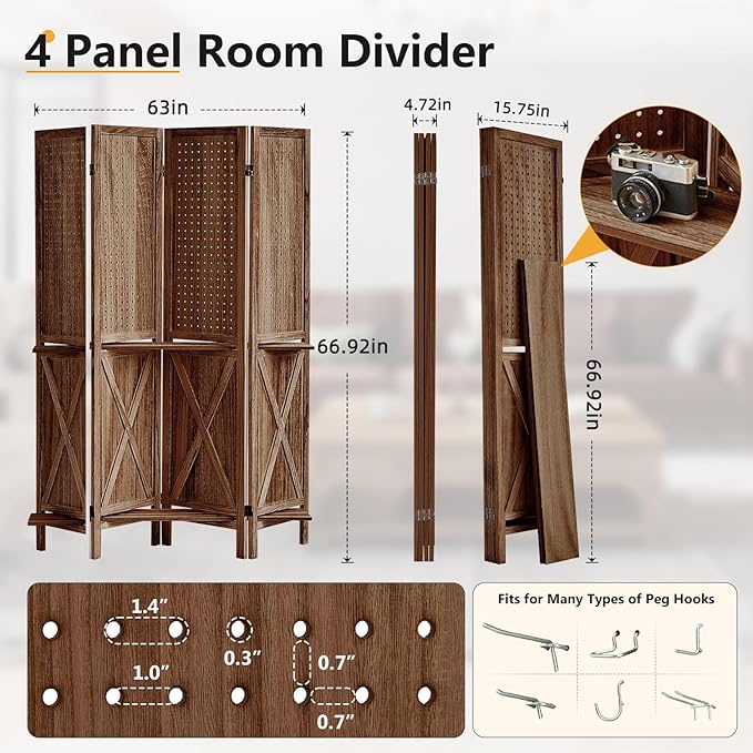 4 Panel Pegboard Display with 16 Hooks, Wooden Pegboard Room Divider Wall with Shelf, Rustic Room Dividers and Folding Privacy Screens, Bedroom, Jewelry Store, Brown