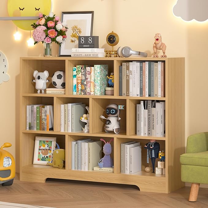 Book Shelf, 10 Cubes Storage Organizer, 3-Tier Open Shelf Wooden Bookcase, Freestanding Log Bookshelf Cube Shelf for Bedroom, Living Room, Home Office