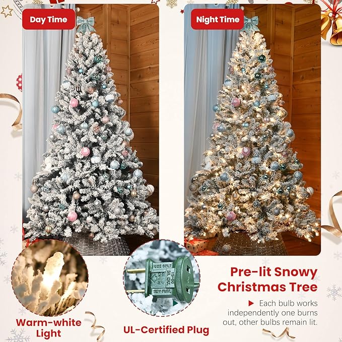 7ft Prelit Flocked Christmas Tree, Frosted Artificial Christmas Tree with 500UL Lights, Pine Cones & 1124 Tips, Auto Hinged Easy Setup Full Prelighted Fake Christmas Tree