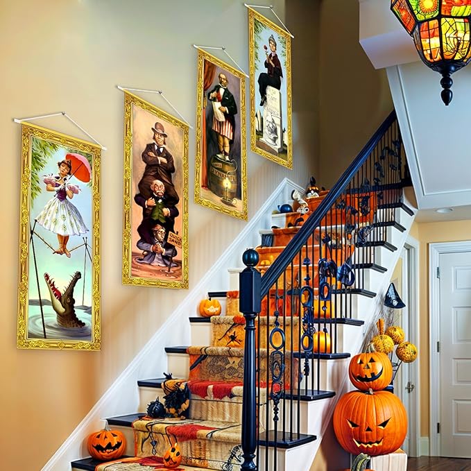 Halloween Decorations Large 4 PCS Haunted Mansion Stretching Portraits Vintage Vinyl Backdrop Decor Outdoor Horror Poster for Indoor Holiday Home Wall Art Wallpaper Hanging Porch Sign Banner Party