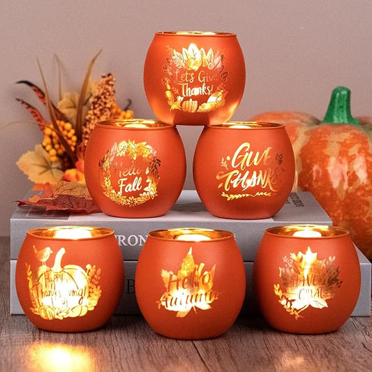 6 Pieces Thanksgiving Candle Holders Orange Pumpkin & Leaf Engraved Tealight Holders for Fall Table Centerpieces, Wedding & Home Decor Indoor and Outdoor