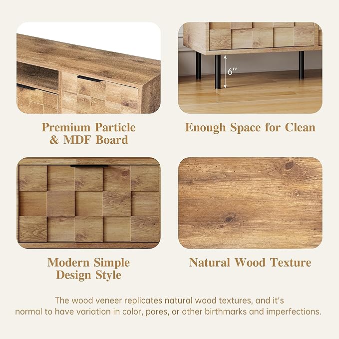 Modern TV Stand for TVs up to 85", Mid-Century Media Console with Checkered Cabinet Doors, Storage Drawers & Open Shelves, Wood Entertainment Center with Metal Legs