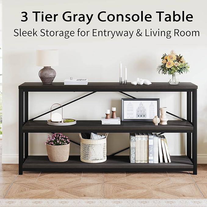 LVB 3-Tier Rustic Console Table, Extra Long Entryway Table with Storage, Industrial Skinny Wood Metal Sofa Table with Shelf, Modern Narrow Hallway Table for Foyer Living Room Bedroom, Dark Gray, 70 In