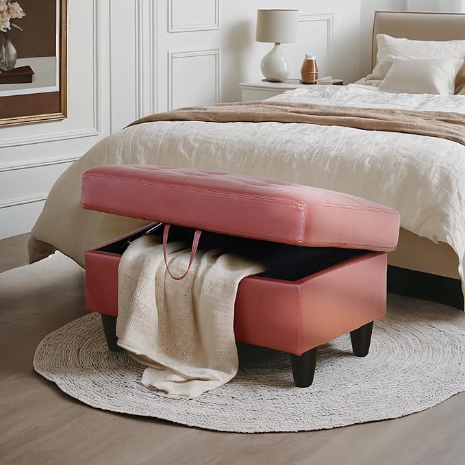 Ottoman Rectangular Storage Ottoman Bench, Faux Leather Footrest, Coffee Table, Stool Footstool with Hinged Lid for Living Room, Bedroom, Entryway, Red, 35"x23.5"x17.5"