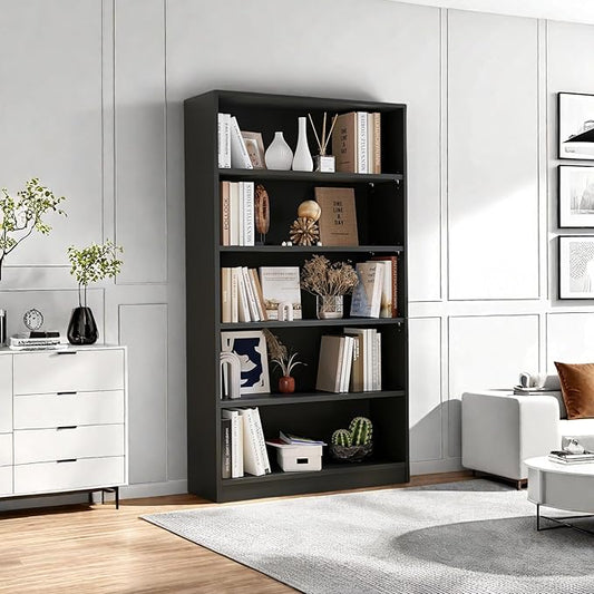 Bookshelf, Open Modern Bookshelf, 5 Shelf Bookcase with Freestanding Display Storage, Wooden Book Shelf for Bedroom, Living Room, Dinning Room, Office, 60 Inch, Black