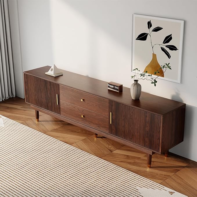 Mid Century Modern TV Stand for 75 inch TV, 70.9" Walnut TV Console with 2 Storage Cabinet & 2 Drawers, Entertainment Center, Media Console for Living Room/Bedroom