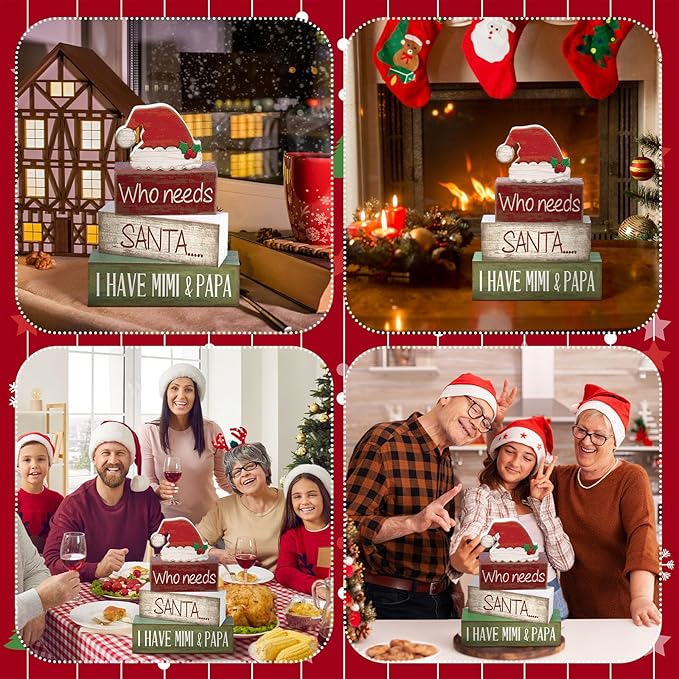 4 Pcs Christmas Table Decorations Wooden Red Santa Hat Christmas Tiered Tray Decor Rustic Wood Santa Hat Block Sign Xmas Centerpiece Mimi and Papa's Gift Decor for Home Shelf Kitchen