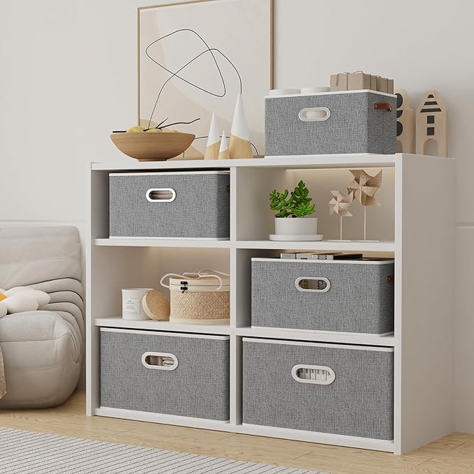 Yawinhe Fabric Storage Bins with Handles, Foldable Baskets for Shelves, Cubes with 3 Handles, Large Boxes for Clothes, Grey, 16.9''Lx11.8''Wx10.2''H, 6-Pack